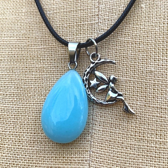 Hand Crafted Jewelry - Handmade Teardrop Stone Amulet with Fairy Angel Star & Moon Charm